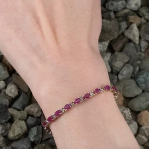 Lab Created Ruby & Zircon Diamond Gold Plated 925 Sterling Silver Bracelet. - Picture 1 of 6