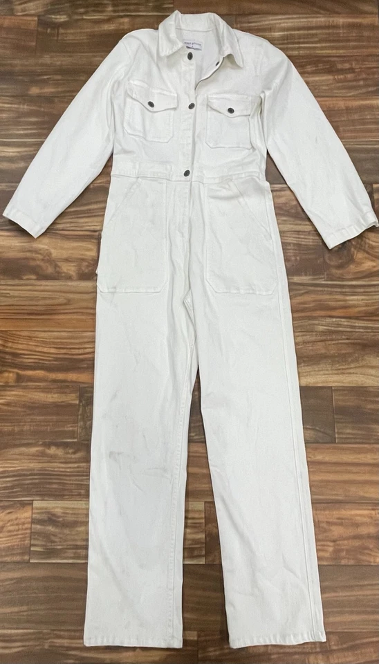 Macacão jeans stretch manga longa utilitário rebite novo com etiquetas branco tamanho: pequeno - Imagem 1 de 4