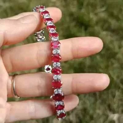 22Ctw Lab Created Ruby 14K White Gold Plated Tennis Bracelet With Free Gift 7" - Image 1 of 4