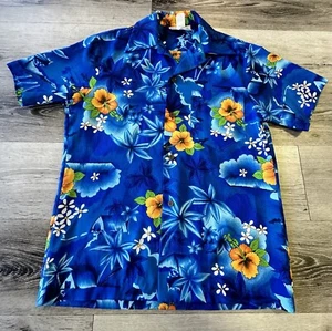 Vintage Royal Hawaiian Shirt Size Small Blue Floral Tribal Aloha Hawaii Button - Picture 1 of 7