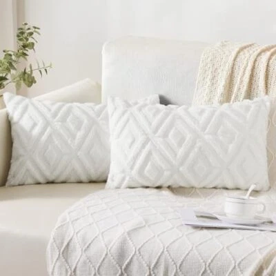 Soft Faux Fur Throw Pillow Covers 12x20 - Plush Short 12 x 20-Inch Cream White - Image 1 of 4
