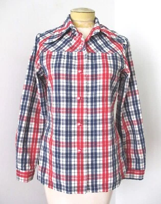 Vtg 70s JCPenny RWB Red White Blue Plaid Seersucker Button Blouse Top M/L - Image 1 of 4