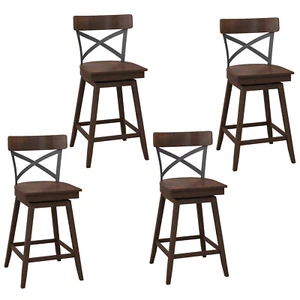 Set of 4 Wooden Swivel Bar Stools Counter Height Kitchen Chairs w/ Back Brown - Picture 1 of 8