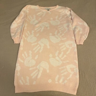 Vtg 80s Pink Handprint Knit Sweater Dress Size Large Plain Jane Retro 90s - Image 1 of 4