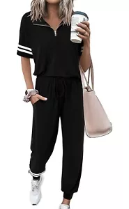 Womens Two Piece Quarter Zip Short Sleeve Top Tracksuit Jogger Lounge Set Medium - Picture 1 of 6