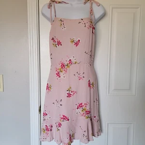 Express Sommerkleid rosa, geblümt, Bindeärmel, geraffter Rücken, Rüschensaum. XS - Bild 1 von 8