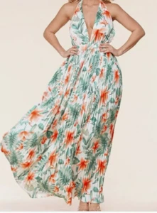 Tropical Floral Halter Bodice Pleated Skirt Maxi Boutique dress-Size Small NWT - Picture 1 of 11