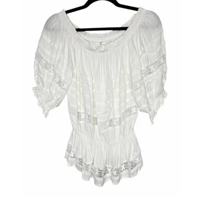 Blusa boho caprichosa de ganchillo blanca al hombro talla S By Together para mujer Foto 1 de 4