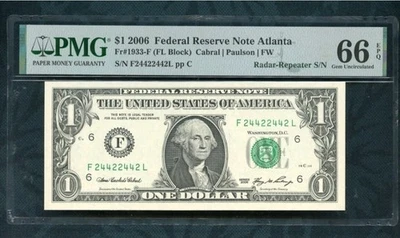 $1 2006 FRN Atlanta PMG 66 EPQ – Fancy SN 24422442 - 99.34% Cool + Gift! U157a  - Image 1 of 4