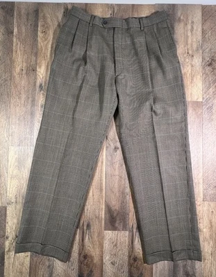 Pantalones de vestir vintage Jos A Bank pata de gallo franela lana doble plisado puños 35. Foto 1 de 4