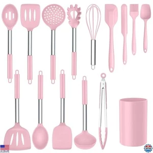 Juego de utensilios de silicona rosa Onader de 15 piezas con soporte - Herramientas de cocina antiadherentes - Imagen 1 de 6