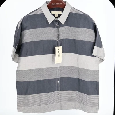 Camisa listrada de botão cinza mesclado manga curta Burberry linho seda EUA 8/G - Imagem 1 de 4