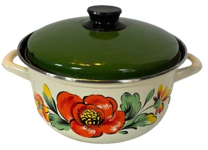 VTG - Enamel Soup Pot 70s Orange Green Dutch Pan Floral Porcelain Olive Lidded - Picture 1 of 9