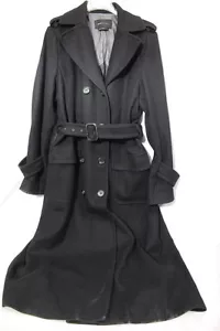 BCBG MAXAZRIA Black Belted WoolBlend DoubleBreasted Long TrenchCoat Womens L-B78 - Picture 1 of 1