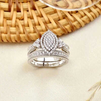CZ Marquise Cluster Vintage Wedding Engagement Ring Set 925 Sterling Silver Ring - Image 1 of 4