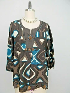 Lynn Richie Women's Multi Silk Kimono Sleeve Unique Buttons Tunic Top Sz S - Picture 1 of 8