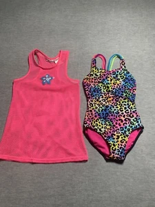 Girls 1pc Swimsuit And Coverup Size 6 Multi Color Animal Print Racer Back - Picture 1 of 8