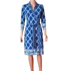 C Wonder Blue Wrap Dress Floral Lattice Trim 3/4 Sleeves Stretch - Picture 1 of 11