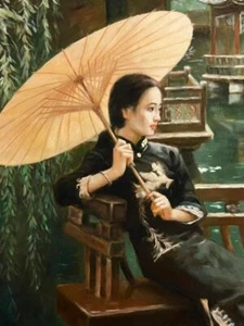 Oil Painting Portrait Chinese Woman Lady & Parasol Asian Art after Chen Yanning - Picture 1 of 24