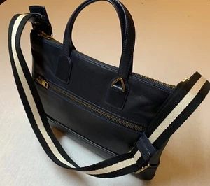 $825 Bally Skinny Leather Computer Bag Navy Blue With Adjustable Shoulder Strap - Picture 1 of 10