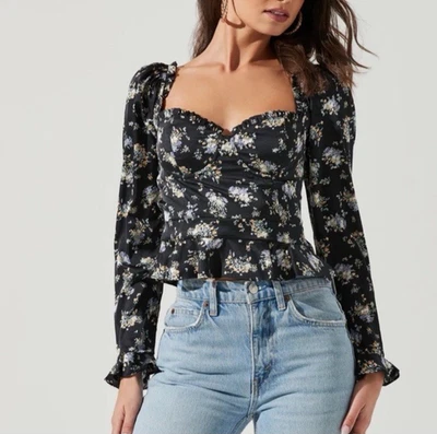 ASTR The Label Floral Puff Sleeve Peplum Sweetheart Cinch Long Sleeve Top Small - Image 1 of 4