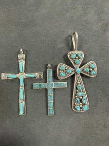 Sterling Silver Turquoise Cross Pendant Lot of 3 - Picture 1 of 6