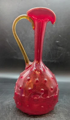 Vintage Amberina Hobnail Art Glass Pitcher W Handle Ruby Red 11" Hand Blown - Image 1 of 4