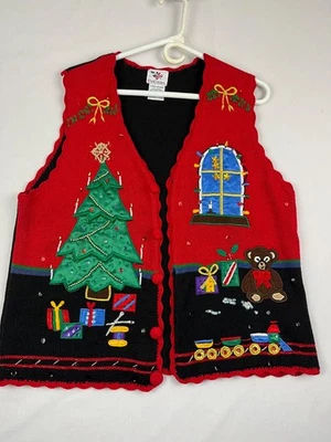Mujeres Vintage Cascanueces Marca Navidad Suéter Chaleco Árbol Oso de Peluche FEO Foto 1 de 4