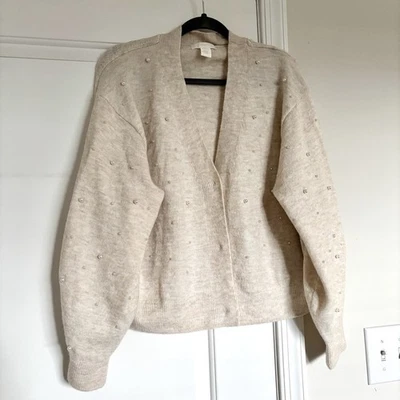 H&M жемчуг вязаный кардиган женщин XL Snap спереди бежевый кремовый Cabincore большого размера - Изображение 1 из 4