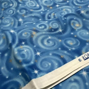 Robert Kaufman Print Fabric Light Blue Swirl & Gold Star 100% Cotton 2 Yards - Picture 1 of 4