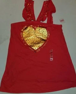 Justice Girls Tank Top Pink Metallic Gold Heart Be Happy Sleeveless Ruffle 16 - Picture 1 of 5