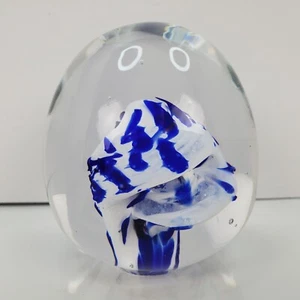 Glass Paper Weight 15 Oz Egg Shapped Blue White Clear Bubble Art  - Picture 1 of 7
