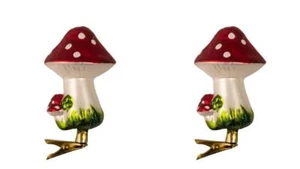 4" Glass Toadstool Mushroom Woodland Glass Clip-On Ornament Set of 2 - Picture 1 of 1