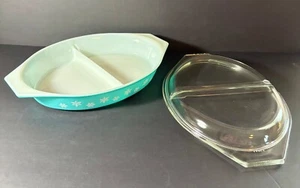 Vtg Pyrex Turquoise / White Snowflake Divided Oval Casserole Lid 945C14 - Picture 1 of 12