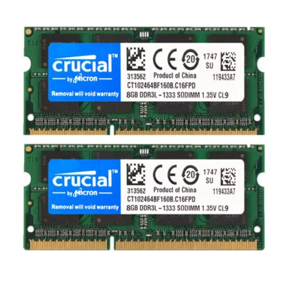 CRUCIAL DDR3L DDR3 1333Mhz 16GB 8GB 4GB 2Rx8 PC3-10600S SODIMM Laptop Memory RAM - Image 1 of 4