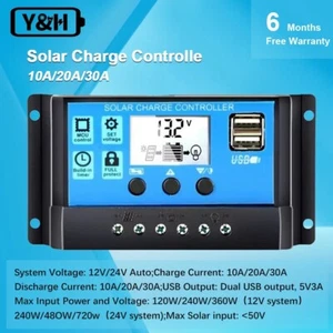 PWM Solar Controller 12V/24V 30A Battery Charger LCD Display Dual USB 5V Output - Picture 1 of 6