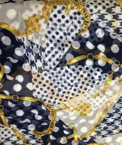 3/4 Yard SHEER Gold Toggle Chain Print FABRIC Navy Blue & White RICH 43" wide - Picture 1 of 2
