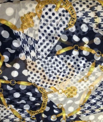3/4 Yard SHEER Gold Toggle Chain Print FABRIC Navy Blue & White RICH 43" wide - Image 1 of 2