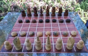 CAMBODIAN CHESS SET - HAND CARVED w/ MAT (Khmer Ouk Chaktrang, Thai Makruk, #10) - Picture 1 of 14