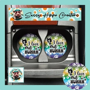 Car Coasters Cat I Love My Human Blue Green Paw Prints Set 2 Neoprene Sublimated - Picture 1 of 5