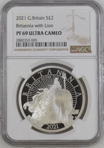 2021 Great Britain 2 Pound 1 Oz Proof Silver Britannia with Lion NGC PF69 UC - Picture 1 of 2