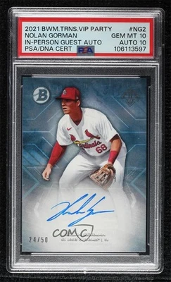 2021 Bowman Transcendent Collection VIP Party /50 Nolan Gorman PSA 10 Auto - Image 1 of 2