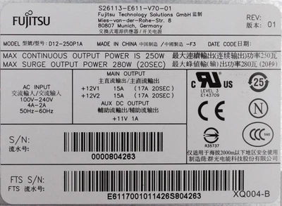 Fujitsu D12-250P1A S26113-E611-V70-01 250 Watt Power Supply Esprimo #301147 - Image 1 of 3