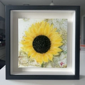 Epoxy-Resin Art Framed Print Sunflower Still Life on Map Newspaper, Gift Idea - Picture 1 of 4