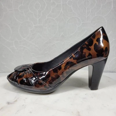 VTG Nurture Drake Leopard Heels Womens 8 Brown Patent Leather Peep Toe Pumps - Image 1 of 4