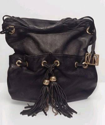 Vintage Genuine Leather Heavy Black Shoulder Bag Gold Metal Chain Tassel Accents - Image 1 of 4