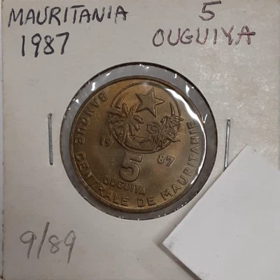 1407/1987 Mauritania 5 Ouguiya Coin w/Coat of Arms Obverse-KM#3  AU/Toned - Image 1 of 2