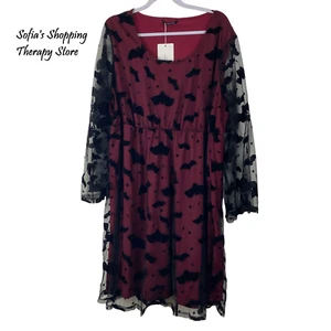 Bloomchic 18 20 2X Halloween Bat Print Mesh Bell Long Sleeve RED BLACK Dress - Picture 1 of 8