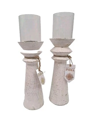 Pillar Candleholders With Hlass Top Beige  - Image 1 of 4