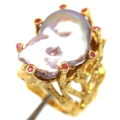 925 Sterling Silver Gray Baroque Pearl & Red Ruby Handmade Ring Size 6.75 - Image 1 of 4